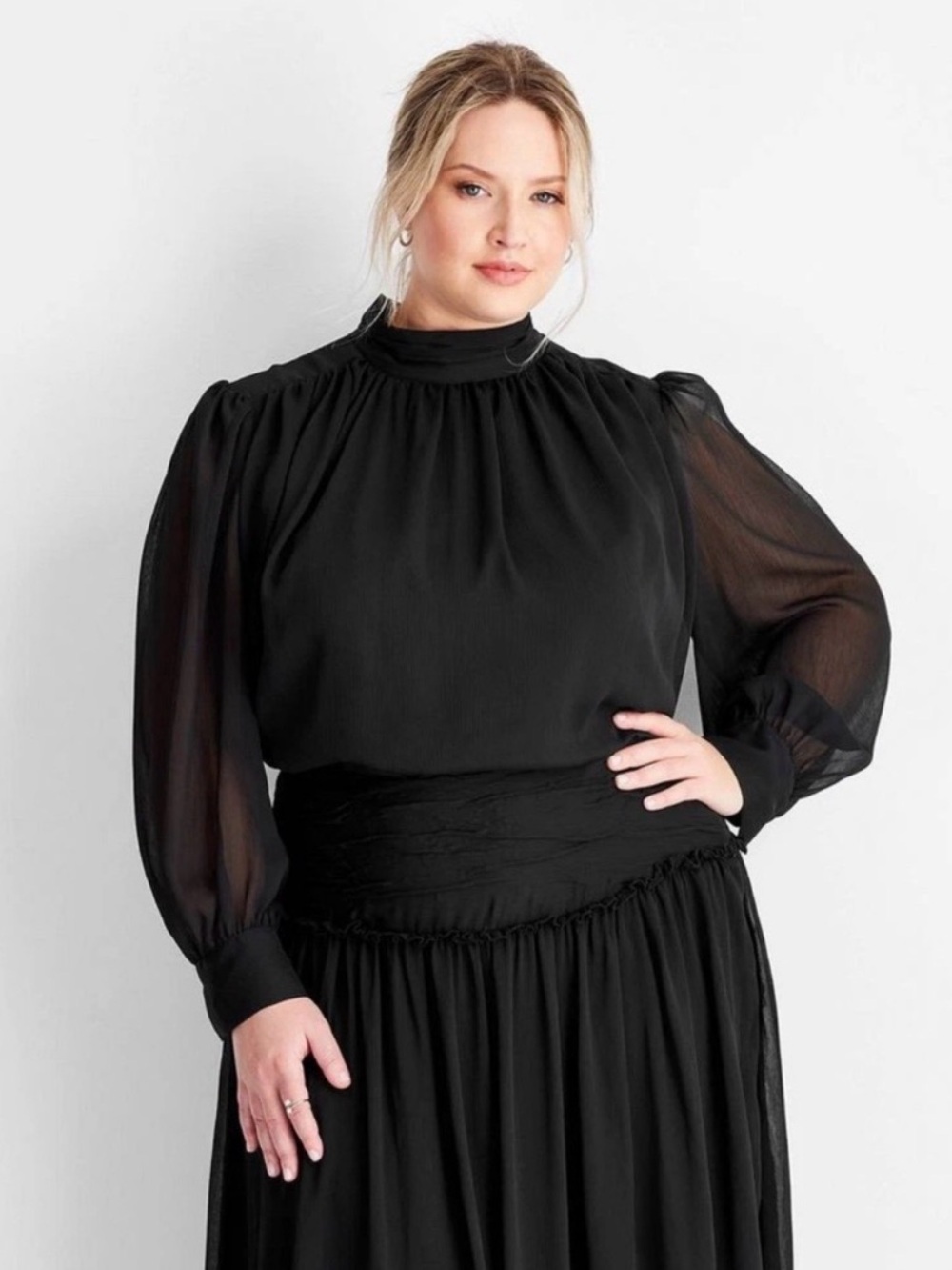 Future Collective Black High Neck Blouse XL Long Sleeve Pleated Mock Neck